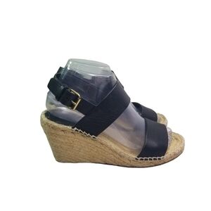 Celine black leather double strap wedge espadrille sandals